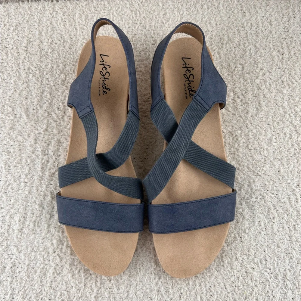 Lifestride Sandals Womens 9.5M Blue Mexico Wedge Cork Wedge Open Toe Sandals - Picture 4 of 11